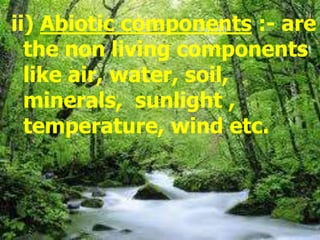 ii) Abiotic components :- are
the non living components
like air, water, soil,
minerals, sunlight ,
temperature, wind etc.
 