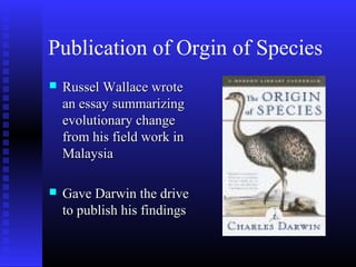 Publication of Orgin of Species
 Russel Wallace wroteRussel Wallace wrote
an essay summarizingan essay summarizing
evolutionary changeevolutionary change
from his field work infrom his field work in
MalaysiaMalaysia
 Gave Darwin the driveGave Darwin the drive
to publish his findingsto publish his findings
 
