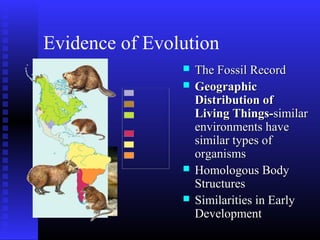 Evidence of Evolution
 The Fossil RecordThe Fossil Record
 GeographicGeographic
Distribution ofDistribution of
Living Things-Living Things-similarsimilar
environments haveenvironments have
similar types ofsimilar types of
organismsorganisms
 Homologous BodyHomologous Body
StructuresStructures
 Similarities in EarlySimilarities in Early
DevelopmentDevelopment
 
