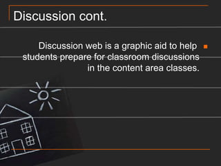Discussion cont.Discussion web is a graphic aid to help students prepare for classroom discussions in the content area classes.