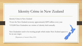 Identity Crime in New Zealand
Identity Crime in New Zealand
•Costs the New Zealand economy approximately $209 million every year.
•133,000 New Zealanders are victims of identity theft annually.
New Zealanders tend to be trusting people which makes New Zealand appear to
be an easy target.
(Department of Internal Affairs, 2013)
 