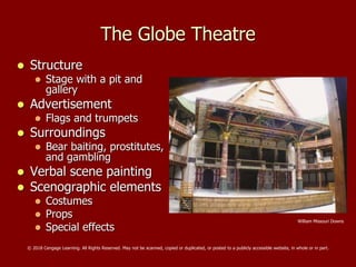 The Globe Theatre
 Structure
 Stage with a pit and
gallery
 Advertisement
 Flags and trumpets
 Surroundings
 Bear baiting, prostitutes,
and gambling
 Verbal scene painting
 Scenographic elements
 Costumes
 Props
 Special effects
William Missouri Downs
© 2018 Cengage Learning. All Rights Reserved. May not be scanned, copied or duplicated, or posted to a publicly accessible website, in whole or in part.
 