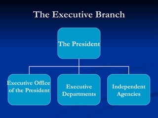 The Executive Branch The President Executive Office  of the President Executive Departments Independent Agencies 