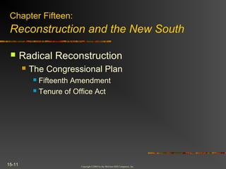 Copyright ©2004 by the McGraw-Hill Companies, Inc.
15-11
 Radical Reconstruction
 The Congressional Plan
 Fifteenth Amendment
 Tenure of Office Act
Chapter Fifteen:
Reconstruction and the New South
 