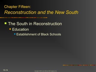 Copyright ©2004 by the McGraw-Hill Companies, Inc.
15-14
 The South in Reconstruction
 Education
 Establishment of Black Schools
Chapter Fifteen:
Reconstruction and the New South
 