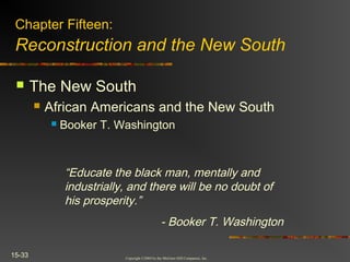 Copyright ©2004 by the McGraw-Hill Companies, Inc.
15-33
 The New South
 African Americans and the New South
 Booker T. Washington
Chapter Fifteen:
Reconstruction and the New South
“Educate the black man, mentally and
industrially, and there will be no doubt of
his prosperity.”
- Booker T. Washington
 