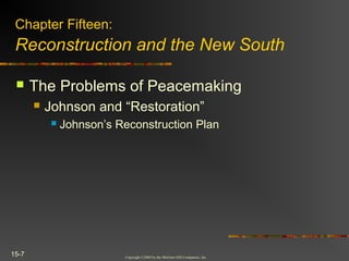 Copyright ©2004 by the McGraw-Hill Companies, Inc.
15-7
 The Problems of Peacemaking
 Johnson and “Restoration”
 Johnson’s Reconstruction Plan
Chapter Fifteen:
Reconstruction and the New South
 