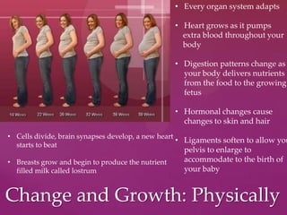 Change and Growth: Physically
• Every organ system adapts
• Heart grows as it pumps
extra blood throughout your
body
• Digestion patterns change as
your body delivers nutrients
from the food to the growing
fetus
• Hormonal changes cause
changes to skin and hair
• Ligaments soften to allow you
pelvis to enlarge to
accommodate to the birth of
your baby
• Cells divide, brain synapses develop, a new heart
starts to beat
• Breasts grow and begin to produce the nutrient
filled milk called lostrum
 