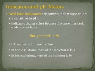  Acid-base indicators are compounds whose colors
are sensitive to pH.
• Indicators change colors because they are either weak
acids or weak bases.

–
In + InH H
• HIn and In− are different colors.
• In acidic solutions, most of the indicator is HIn
• In basic solutions, most of the indicator is In–
 
