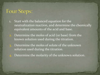 1. Start with the balanced equation for the
neutralization reaction, and determine the chemically
equivalent amounts of the acid and base.
2. Determine the moles of acid (or base) from the
known solution used during the titration.
3. Determine the moles of solute of the unknown
solution used during the titration.
4. Determine the molarity of the unknown solution.
 