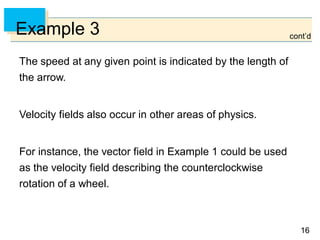 1616
Example 3
The speed at any given point is indicated by the length of
the arrow.
Velocity fields also occur in other areas of physics.
For instance, the vector field in Example 1 could be used
as the velocity field describing the counterclockwise
rotation of a wheel.
cont’d
 