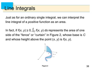 3838
Line Integrals
Just as for an ordinary single integral, we can interpret the
line integral of a positive function as an area.
In fact, if f(x, y)  0, C f(x, y) ds represents the area of one
side of the “fence” or “curtain” in Figure 2, whose base is C
and whose height above the point (x, y) is f(x, y).
Figure 2
 