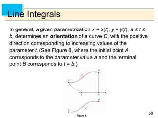 5050
Line Integrals
In general, a given parametrization x = x(t), y = y(t), a  t 
b, determines an orientation of a curve C, with the positive
direction corresponding to increasing values of the
parameter t. (See Figure 8, where the initial point A
corresponds to the parameter value a and the terminal
point B corresponds to t = b.)
Figure 8
 