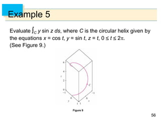 5656
Example 5
Evaluate C y sin z ds, where C is the circular helix given by
the equations x = cos t, y = sin t, z = t, 0  t  2.
(See Figure 9.)
Figure 9
 