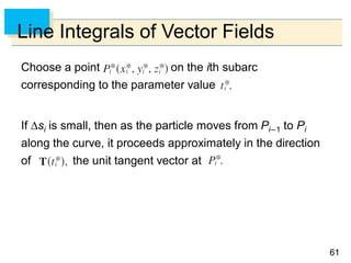6161
Line Integrals of Vector Fields
Choose a point on the ith subarc
corresponding to the parameter value
If si is small, then as the particle moves from Pi–1 to Pi
along the curve, it proceeds approximately in the direction
of the unit tangent vector at
 