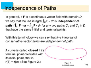 7676
Independence of Paths
In general, if F is a continuous vector field with domain D,
we say that the line integral C F  dr is independent of
path if C1
F  dr = C2
F  dr for any two paths C1 and C2 in D
that have the same initial and terminal points.
With this terminology we can say that line integrals of
conservative vector fields are independent of path.
A curve is called closed if its
terminal point coincides with
its initial point, that is,
r(b) = r(a). (See Figure 2.) Figure 2
A closed curve
 