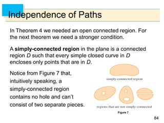 8484
Independence of Paths
In Theorem 4 we needed an open connected region. For
the next theorem we need a stronger condition.
A simply-connected region in the plane is a connected
region D such that every simple closed curve in D
encloses only points that are in D.
Notice from Figure 7 that,
intuitively speaking, a
simply-connected region
contains no hole and can’t
consist of two separate pieces.
Figure 7
 