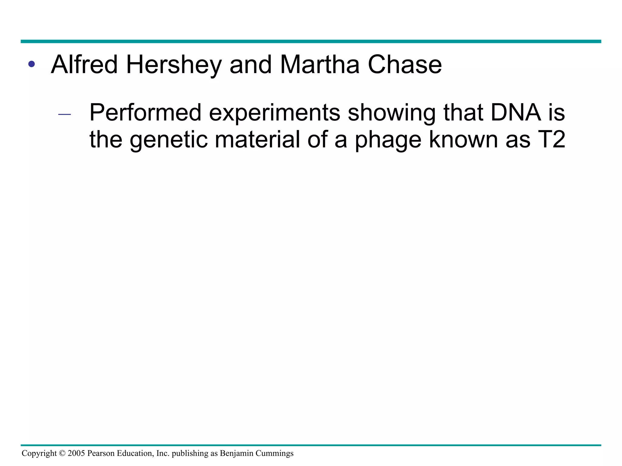 Alfred Hershey and Martha Chase Performed experiments showing that DNA is the genetic material of a phage known as T2 