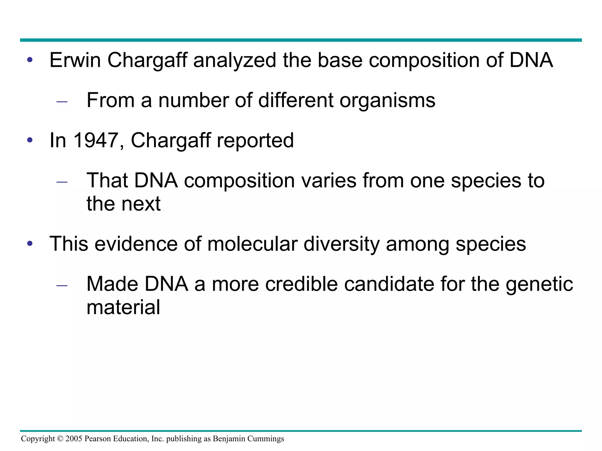 Erwin Chargaff analyzed the base composition of DNA From a number of different organisms In 1947, Chargaff reported That DNA composition varies from one species to the next This evidence of molecular diversity among species Made DNA a more credible candidate for the genetic material 