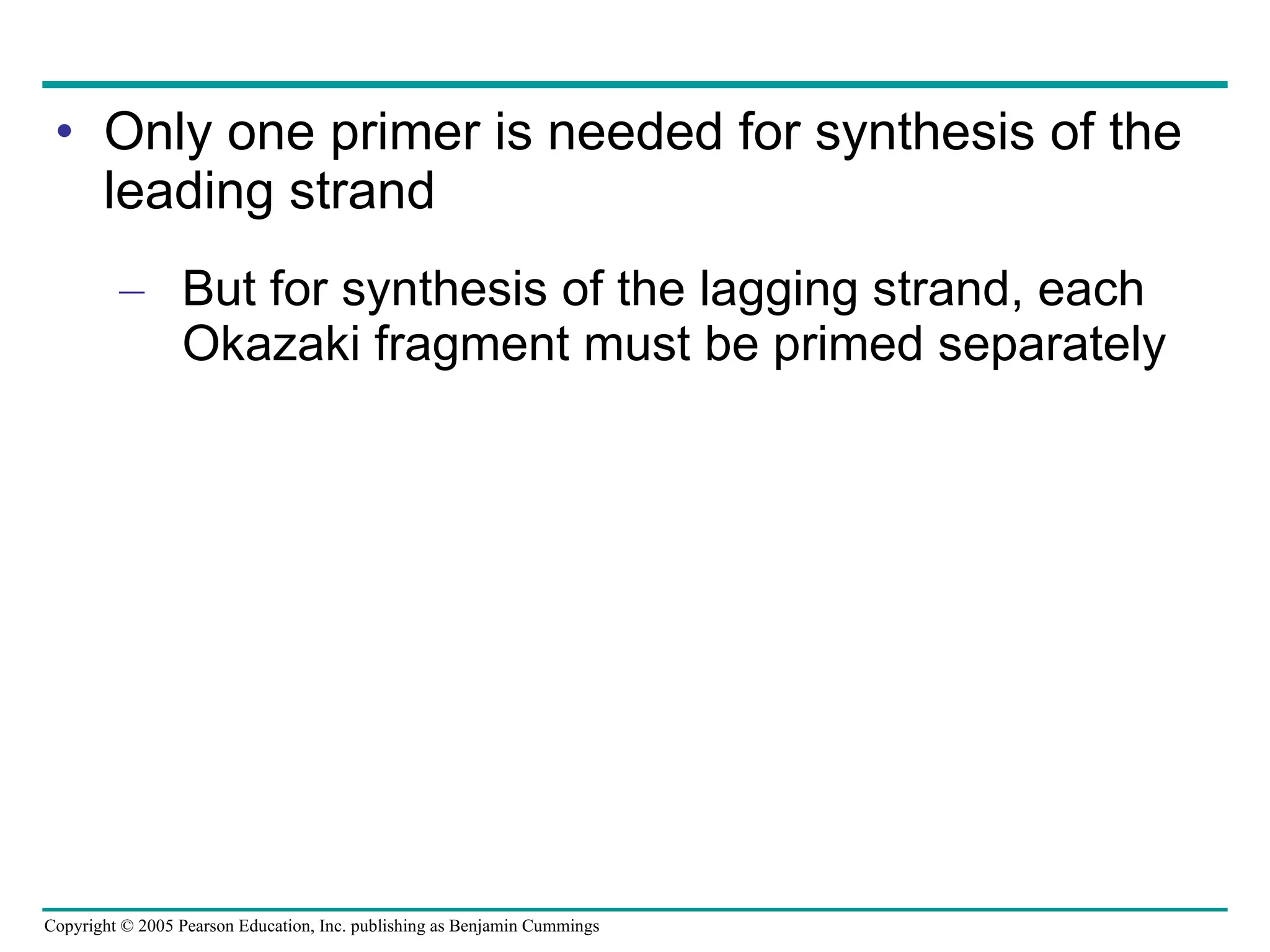 Only one primer is needed for synthesis of the leading strand But for synthesis of the lagging strand, each Okazaki fragment must be primed separately 