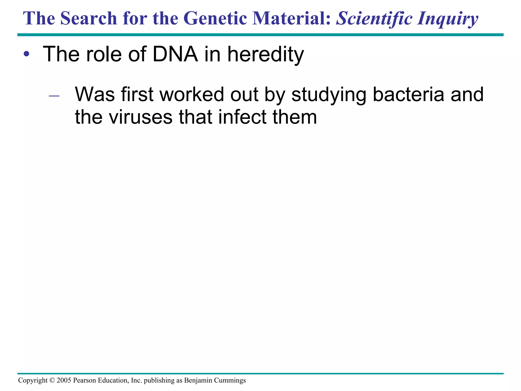 The Search for the Genetic Material:  Scientific Inquiry The role of DNA in heredity Was first worked out by studying bacteria and the viruses that infect them 