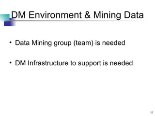 DM Environment & Mining Data Data Mining group (team) is needed DM Infrastructure to support is needed 