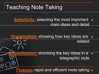 Teaching Note TakingSelectivity-selecting the most important main ideas and detailOrganization-showing how key ideas are relatedConsolidation- shrinking the key ideas in a telegraphic styleFluency- rapid and efficient mote taking
