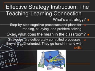Effective Strategy Instruction: The Teaching-Learning ConnectionWhat’s a strategy?Step-by-step cognitive processes and plans for reading, studying, and problem solving.Okay, what does the mean in the classroom?Strategies are deliberately controlled processes, they are goal-oriented. They go hand-in-hand with skills.