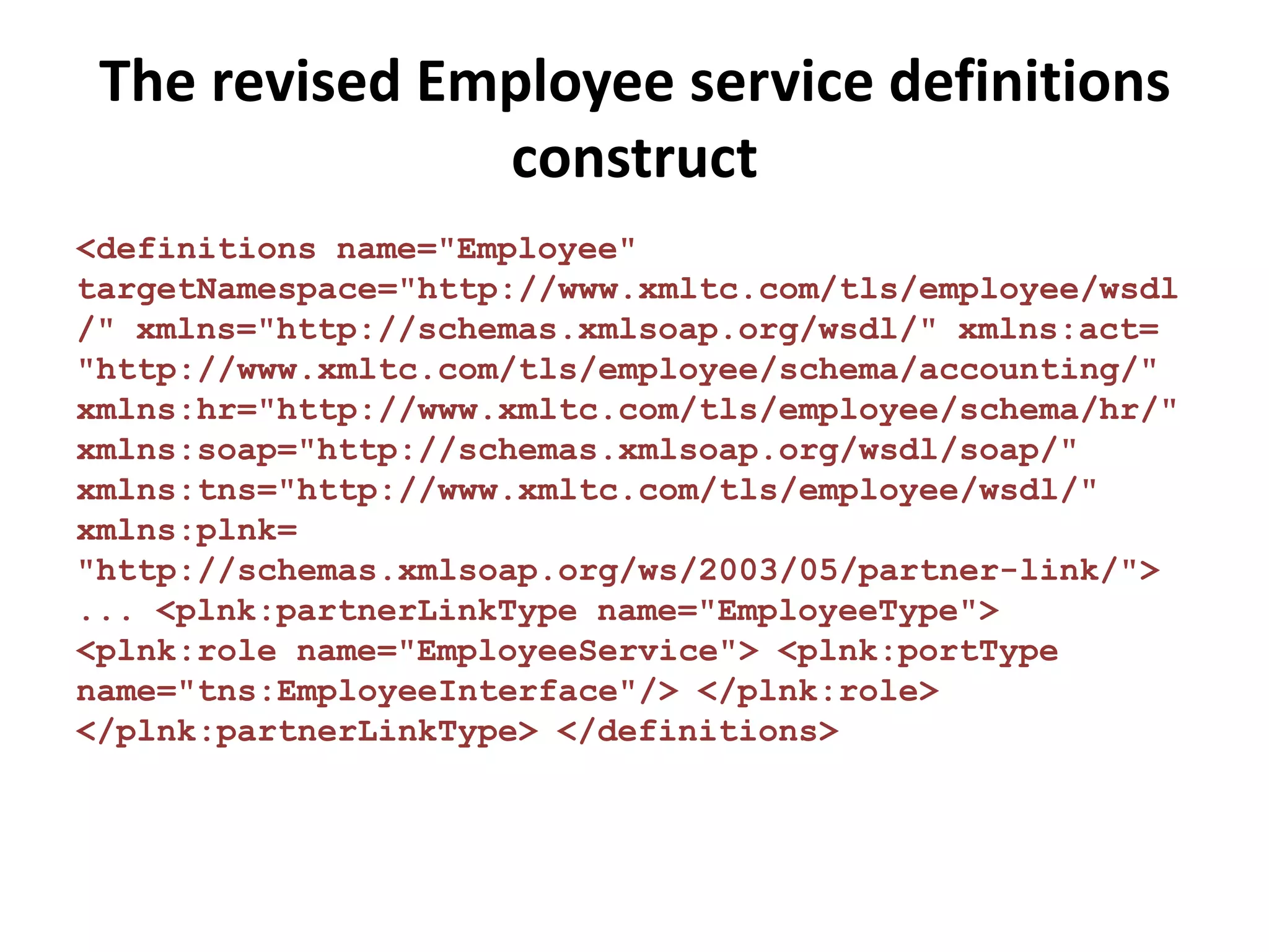 The revised Employee service definitions
               construct
<definitions name="Employee"
targetNamespace="http://www.xmltc.com/tls/employee/wsdl
/" xmlns="http://schemas.xmlsoap.org/wsdl/" xmlns:act=
"http://www.xmltc.com/tls/employee/schema/accounting/"
xmlns:hr="http://www.xmltc.com/tls/employee/schema/hr/"
xmlns:soap="http://schemas.xmlsoap.org/wsdl/soap/"
xmlns:tns="http://www.xmltc.com/tls/employee/wsdl/"
xmlns:plnk=
"http://schemas.xmlsoap.org/ws/2003/05/partner-link/">
... <plnk:partnerLinkType name="EmployeeType">
<plnk:role name="EmployeeService"> <plnk:portType
name="tns:EmployeeInterface"/> </plnk:role>
</plnk:partnerLinkType> </definitions>
 