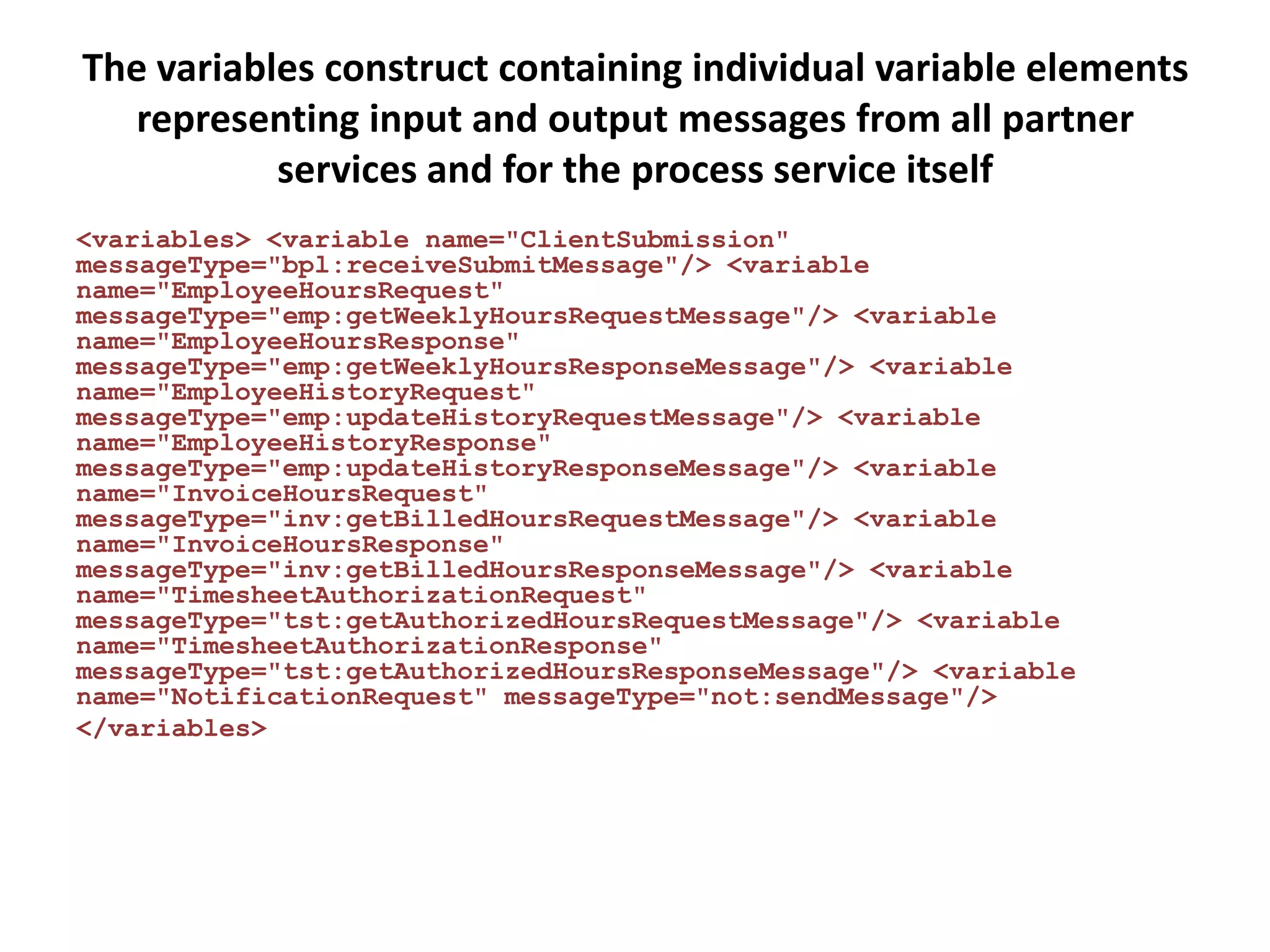 The variables construct containing individual variable elements
  representing input and output messages from all partner
           services and for the process service itself
<variables> <variable name="ClientSubmission"
messageType="bpl:receiveSubmitMessage"/> <variable
name="EmployeeHoursRequest"
messageType="emp:getWeeklyHoursRequestMessage"/> <variable
name="EmployeeHoursResponse"
messageType="emp:getWeeklyHoursResponseMessage"/> <variable
name="EmployeeHistoryRequest"
messageType="emp:updateHistoryRequestMessage"/> <variable
name="EmployeeHistoryResponse"
messageType="emp:updateHistoryResponseMessage"/> <variable
name="InvoiceHoursRequest"
messageType="inv:getBilledHoursRequestMessage"/> <variable
name="InvoiceHoursResponse"
messageType="inv:getBilledHoursResponseMessage"/> <variable
name="TimesheetAuthorizationRequest"
messageType="tst:getAuthorizedHoursRequestMessage"/> <variable
name="TimesheetAuthorizationResponse"
messageType="tst:getAuthorizedHoursResponseMessage"/> <variable
name="NotificationRequest" messageType="not:sendMessage"/>
</variables>
 