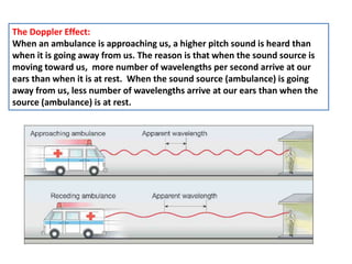 The Doppler Effect:
When an ambulance is approaching us, a higher pitch sound is heard than
when it is going away from us. The reason is that when the sound source is
moving toward us, more number of wavelengths per second arrive at our
ears than when it is at rest. When the sound source (ambulance) is going
away from us, less number of wavelengths arrive at our ears than when the
source (ambulance) is at rest.
 