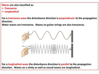 Waves are also classified as:
 Transverse
 Longitudinal
For a transverse wave the disturbance direction is perpendicular to the propagation
direction.
Water waves are transverse. Waves on guitar strings are also transverse.
For a longitudinal wave the disturbance direction is parallel to the propagation
direction. Waves on a slinky as well as sound waves are longitudinal.
 