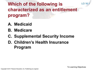 Copyright © 2011 Pearson Education, Inc. Publishing as Longman
Which of the following is
characterized as an entitlement
program?
A. Medicaid
B. Medicare
C. Supplemental Security Income
D. Children’s Health Insurance
Program
To Learning Objectives
LO 16.1
 