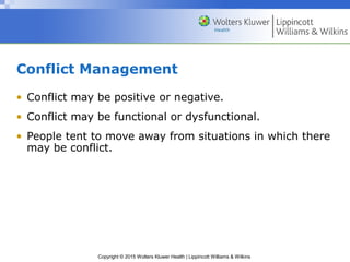 Copyright © 2015 Wolters Kluwer Health | Lippincott Williams & Wilkins
Conflict Management
• Conflict may be positive or negative.
• Conflict may be functional or dysfunctional.
• People tent to move away from situations in which there
may be conflict.
 