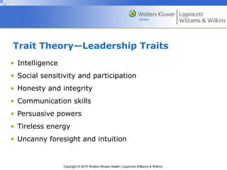 Copyright © 2015 Wolters Kluwer Health | Lippincott Williams & Wilkins
Trait Theory—Leadership Traits
• Intelligence
• Social sensitivity and participation
• Honesty and integrity
• Communication skills
• Persuasive powers
• Tireless energy
• Uncanny foresight and intuition
 