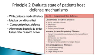 • With patients medicalhistory
• Medical conditions that
• Compromise host defense
• Allow more bacteria to enter
tissue orto be more active
 