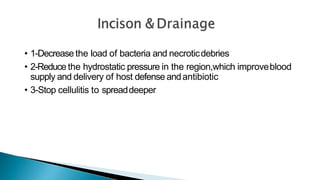 • 1-Decrease the load of bacteria and necroticdebries
• 2-Reduce the hydrostatic pressure in the region,which improveblood
supply and delivery of host defense andantibiotic
• 3-Stop cellulitis to spreaddeeper
 