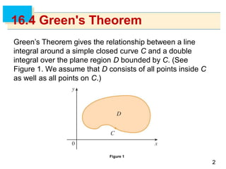 22
16.4 Green's Theorem
Green’s Theorem gives the relationship between a line
integral around a simple closed curve C and a double
integral over the plane region D bounded by C. (See
Figure 1. We assume that D consists of all points inside C
as well as all points on C.)
Figure 1
 