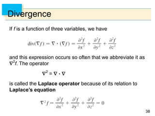 3838
Divergence
If f is a function of three variables, we have
and this expression occurs so often that we abbreviate it as
2
f. The operator

2
=   
is called the Laplace operator because of its relation to
Laplace’s equation
 