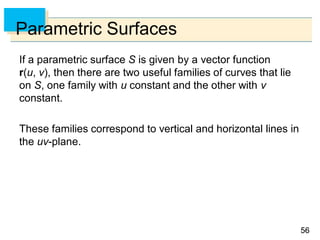 5656
Parametric Surfaces
If a parametric surface S is given by a vector function
r(u, v), then there are two useful families of curves that lie
on S, one family with u constant and the other with v
constant.
These families correspond to vertical and horizontal lines in
the uv-plane.
 