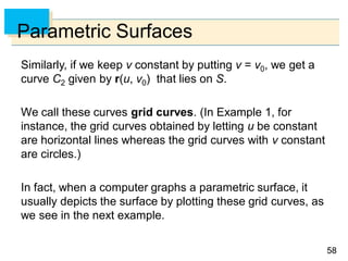 5858
Parametric Surfaces
Similarly, if we keep v constant by putting v = v0, we get a
curve C2 given by r(u, v0) that lies on S.
We call these curves grid curves. (In Example 1, for
instance, the grid curves obtained by letting u be constant
are horizontal lines whereas the grid curves with v constant
are circles.)
In fact, when a computer graphs a parametric surface, it
usually depicts the surface by plotting these grid curves, as
we see in the next example.
 
