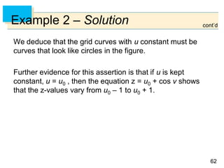 6262
Example 2 – Solution
We deduce that the grid curves with u constant must be
curves that look like circles in the figure.
Further evidence for this assertion is that if u is kept
constant, u = u0 , then the equation z = u0 + cos v shows
that the z-values vary from u0 – 1 to u0 + 1.
cont’d
 