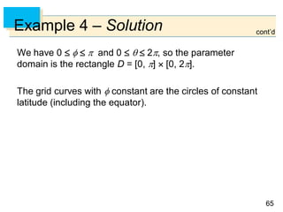6565
Example 4 – Solution
We have 0     and 0    2, so the parameter
domain is the rectangle D = [0, ]  [0, 2].
The grid curves with  constant are the circles of constant
latitude (including the equator).
cont’d
 