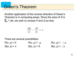 88
Green's Theorem
Another application of the reverse direction of Green’s
Theorem is in computing areas. Since the area of D is
D 1 dA, we wish to choose P and Q so that
There are several possibilities:
P(x, y) = 0 P(x, y) = –y P(x, y) = y
Q(x, y) = x Q(x, y) = 0 Q(x, y) = x
 