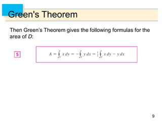99
Green's Theorem
Then Green’s Theorem gives the following formulas for the
area of D:
 