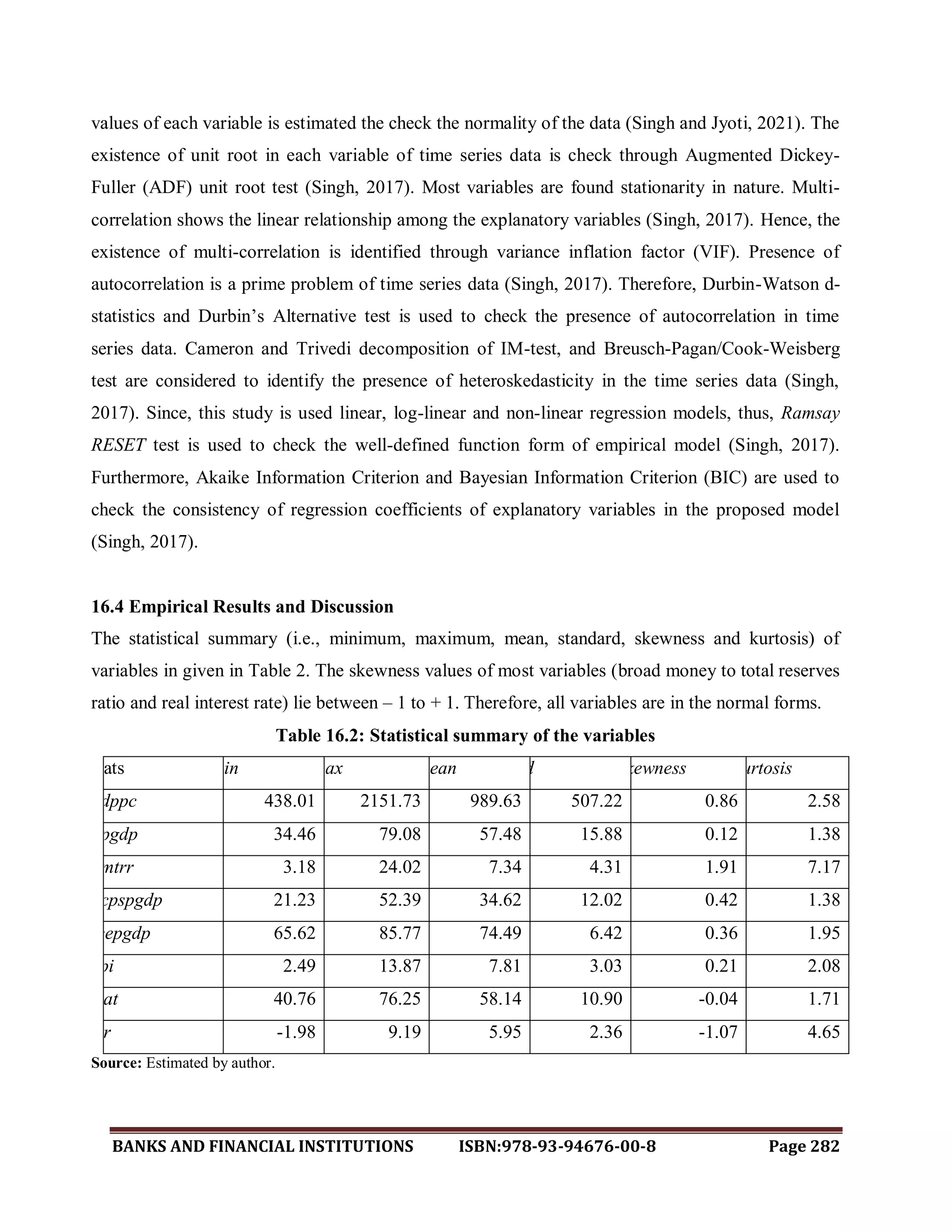 BANKS AND FINANCIAL INSTITUTIONS ISBN:978-93-94676-00-8 Page 282
values of each variable is estimated the check the normality of the data (Singh and Jyoti, 2021). The
existence of unit root in each variable of time series data is check through Augmented Dickey-
Fuller (ADF) unit root test (Singh, 2017). Most variables are found stationarity in nature. Multi-
correlation shows the linear relationship among the explanatory variables (Singh, 2017). Hence, the
existence of multi-correlation is identified through variance inflation factor (VIF). Presence of
autocorrelation is a prime problem of time series data (Singh, 2017). Therefore, Durbin-Watson d-
statistics and Durbin‟s Alternative test is used to check the presence of autocorrelation in time
series data. Cameron and Trivedi decomposition of IM-test, and Breusch-Pagan/Cook-Weisberg
test are considered to identify the presence of heteroskedasticity in the time series data (Singh,
2017). Since, this study is used linear, log-linear and non-linear regression models, thus, Ramsay
RESET test is used to check the well-defined function form of empirical model (Singh, 2017).
Furthermore, Akaike Information Criterion and Bayesian Information Criterion (BIC) are used to
check the consistency of regression coefficients of explanatory variables in the proposed model
(Singh, 2017).
16.4 Empirical Results and Discussion
The statistical summary (i.e., minimum, maximum, mean, standard, skewness and kurtosis) of
variables in given in Table 2. The skewness values of most variables (broad money to total reserves
ratio and real interest rate) lie between – 1 to + 1. Therefore, all variables are in the normal forms.
Table 16.2: Statistical summary of the variables
stats min max mean sd skewness kurtosis
gdppc 438.01 2151.73 989.63 507.22 0.86 2.58
bpgdp 34.46 79.08 57.48 15.88 0.12 1.38
bmtrr 3.18 24.02 7.34 4.31 1.91 7.17
dcpspgdp 21.23 52.39 34.62 12.02 0.42 1.38
fcepgdp 65.62 85.77 74.49 6.42 0.36 1.95
cpi 2.49 13.87 7.81 3.03 0.21 2.08
lrat 40.76 76.25 58.14 10.90 -0.04 1.71
rir -1.98 9.19 5.95 2.36 -1.07 4.65
Source: Estimated by author.
 