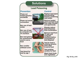 Fig. 16-18, p. 419
Solutions
Lead Poisoning
Prevention Control
Phase out
leaded gasoline
worldwide
Phase out waste
incineration
Ban use of lead
solder
Ban use of lead
in computer and
TV monitors
Ban lead glazing
for ceramicware
used to serve
food
Test blood for
lead by age 1
Replace lead pipes
and plumbing
fixtures containing
lead solder
Wash fresh fruits
and vegetables
Test existing
candles for lead
Test for lead in
existing ceramic-
ware used
to serve food
Remove lead from
TV sets and
computer
monitors before
incineration or
land disposal
Sharply reduce
lead emissions
from incinerators
Remove leaded
paint and lead dust
from older houses
and apartments
Ban candles
withlead cores
 