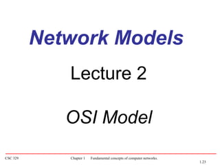 CSC 329 Chapter 1 Fundamental concepts of computer networks.
Lecture 2
OSI Model
Network Models
1.23
 