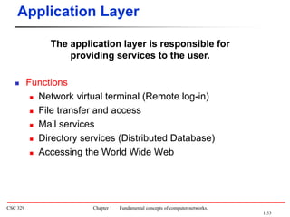 CSC 329 Chapter 1 Fundamental concepts of computer networks.
The application layer is responsible for
providing services to the user.
 Functions
 Network virtual terminal (Remote log-in)
 File transfer and access
 Mail services
 Directory services (Distributed Database)
 Accessing the World Wide Web
Application Layer
1.53
 
