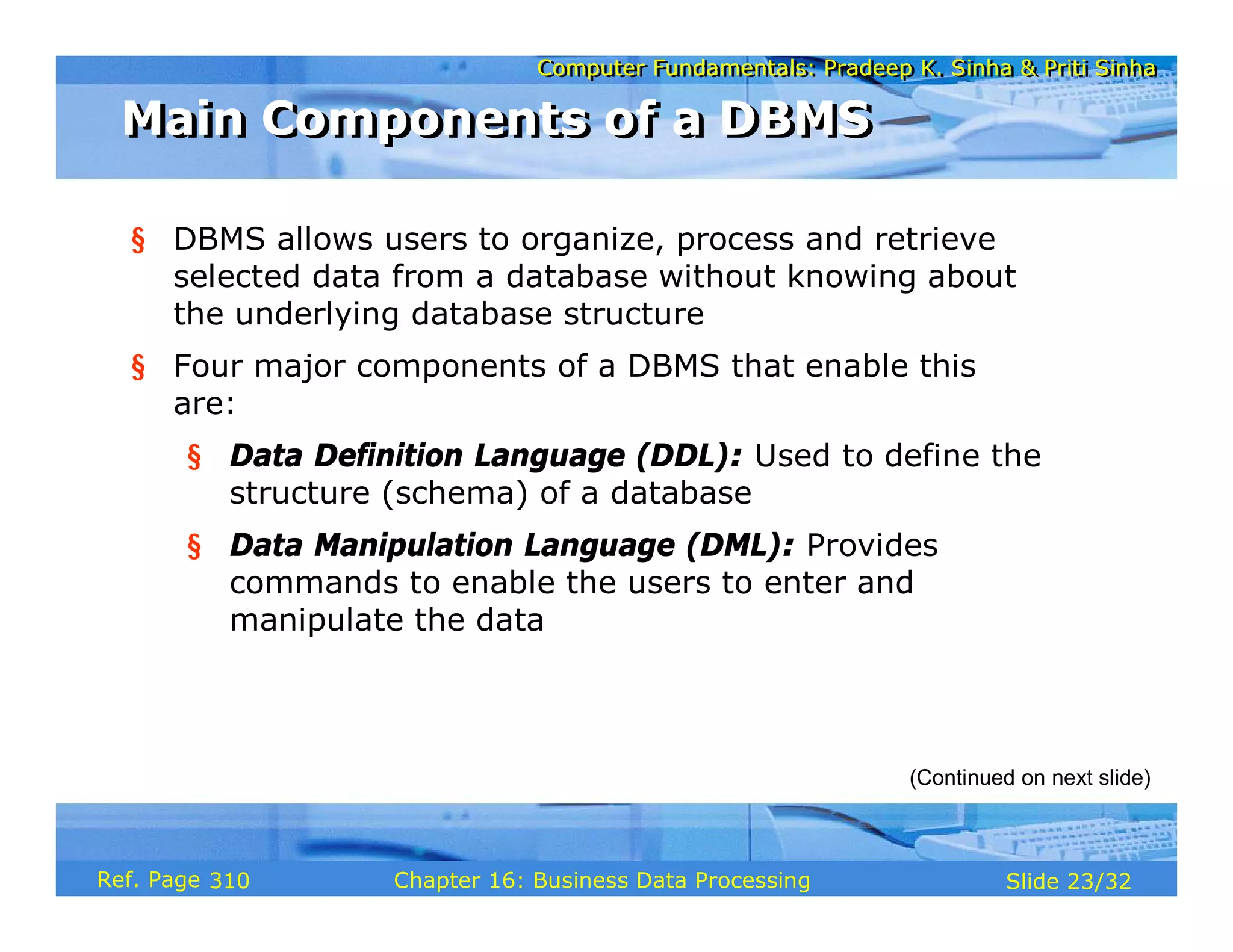 Computer Fundamentals: Pradeep K. Sinha & Priti SinhaComputer Fundamentals: Pradeep K. Sinha & Priti Sinha
Slide 23/32Chapter 16: Business Data ProcessingRef. Page
§ DBMS allows users to organize, process and retrieve
selected data from a database without knowing about
the underlying database structure
§ Four major components of a DBMS that enable this
are:
§ Data Definition Language (DDL): Used to define the
structure (schema) of a database
§ Data Manipulation Language (DML): Provides
commands to enable the users to enter and
manipulate the data
(Continued on next slide)
Main Components of a DBMSMain Components of a DBMS
310
 
